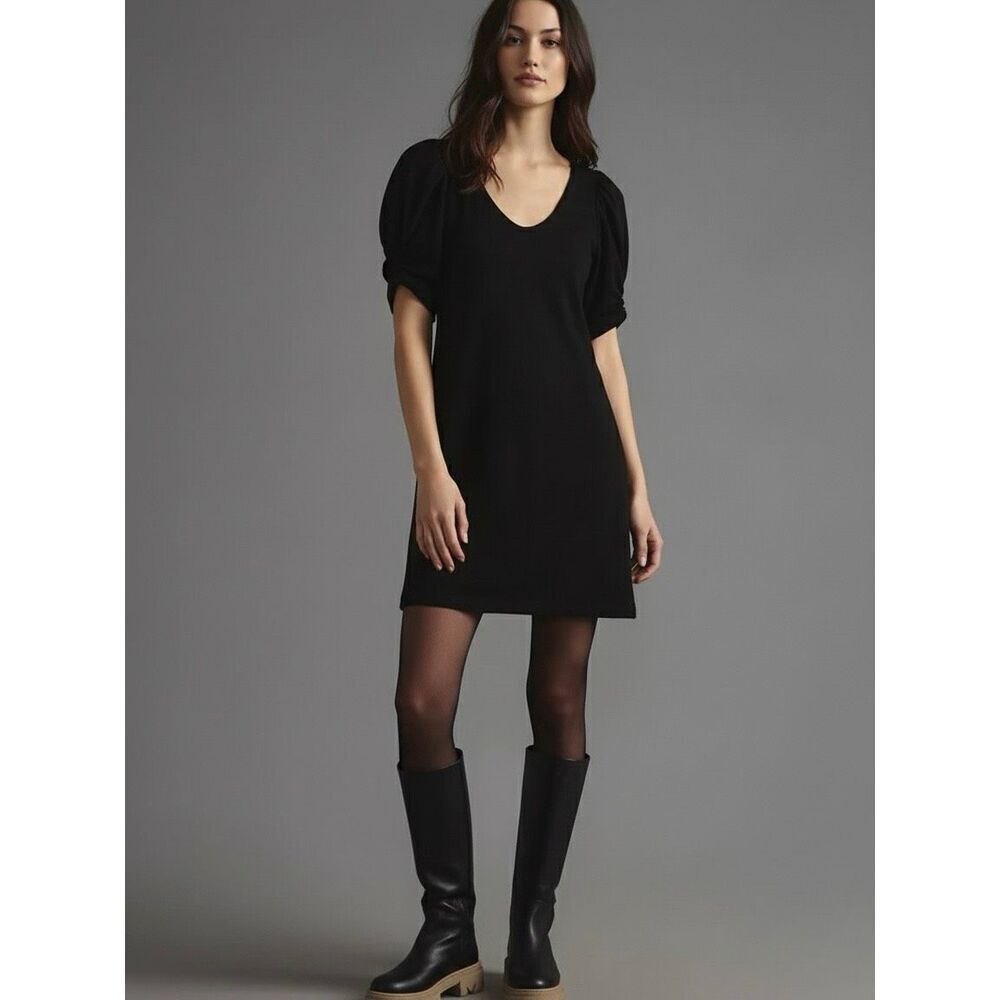 NEW Amadi Black Knit Twist Puff-Sleeve Mini Dress Anthropologie Women’s Small